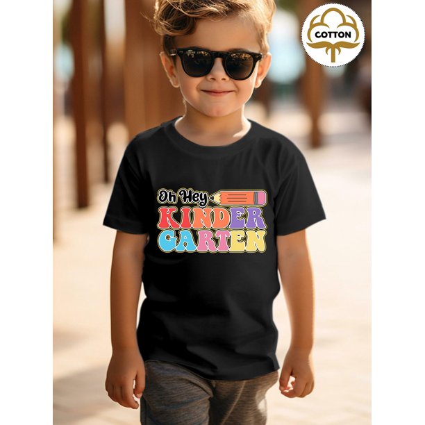 1pc Boys' First Day of School Outfit - Oh hey KINDERGARTEN Graphic Tee - Loose Fit Shirt for Boys - Soft Breathable Cotton Top for Picture Day, Classroom Parties, Casual Kids Wear, Casual Round Neck