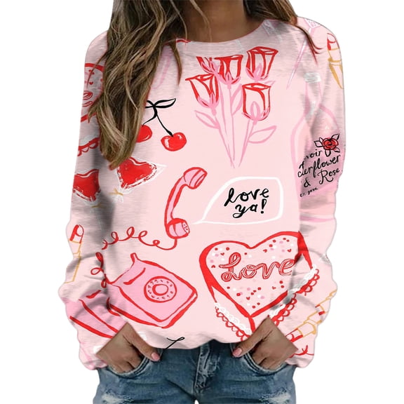 Womens Valentine'S Day Heart Letter Print Loose Crew Neck Graphic Womens Sweaters,Pink,L