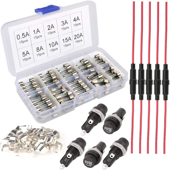 Fusibles de vidrio de fusión rápida Gebildet - Kit surtido de 150 piezas + portafusibles (tipos de montaje en panel en línea AGC) + 30 asientos de fusibles