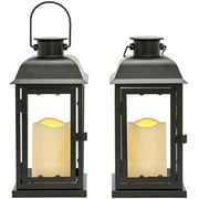 Outdoor Solar Candle Lantern - 11 Inch Tall, Decorative Black Glass Lanterns with Waterproof Flameless Candles, Dusk to Dawn Timer, Battery Operated, Flickering LED Lights - Set of 2