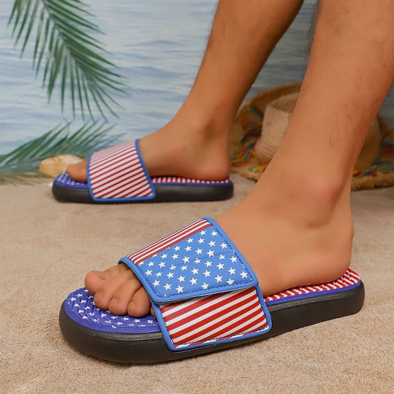 Women’s July 4th Patriotic Slide Sandals USA Flag Print EVA Lightweight Non-Slip Flip Flops for Summer Beach Pool