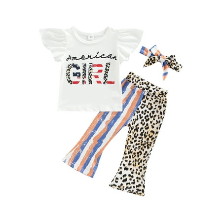 

Dewadbow Toddler Girl Independence Day Outfits Flying Sleeve T-Shirt Tops Trousers Flared Pants Summer Clothes