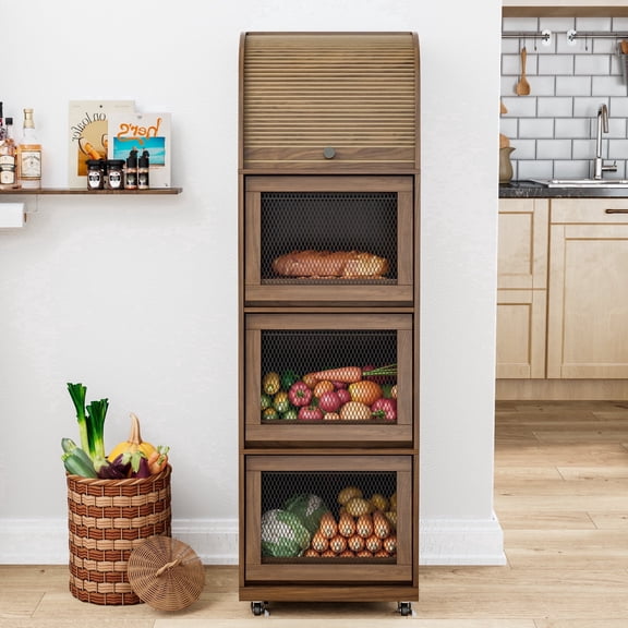 Onion and Potato Storage Bin Wood, Fruit and Vegetable Storage Box with Wheel, Decorative Pantry Cabinet for Snack, Sliding Door-top, 4 Tier, Walnut