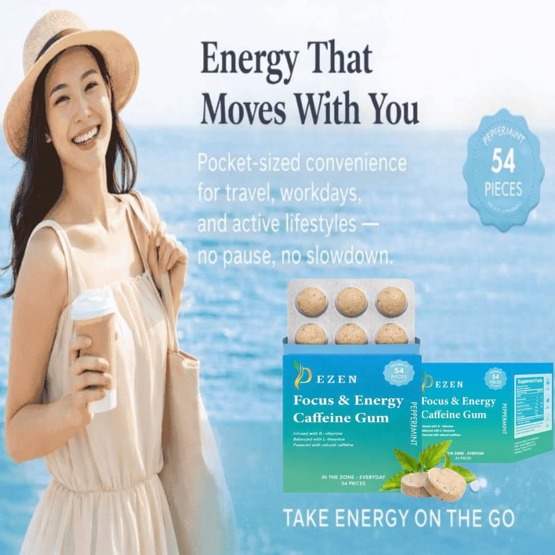 DEZEN Focus & Energy Caffeine Gum with L-Theanine, Caffeine, Vitamin B12 & B6, Peppermint Flavor, Coffee Replacement, Pack 3