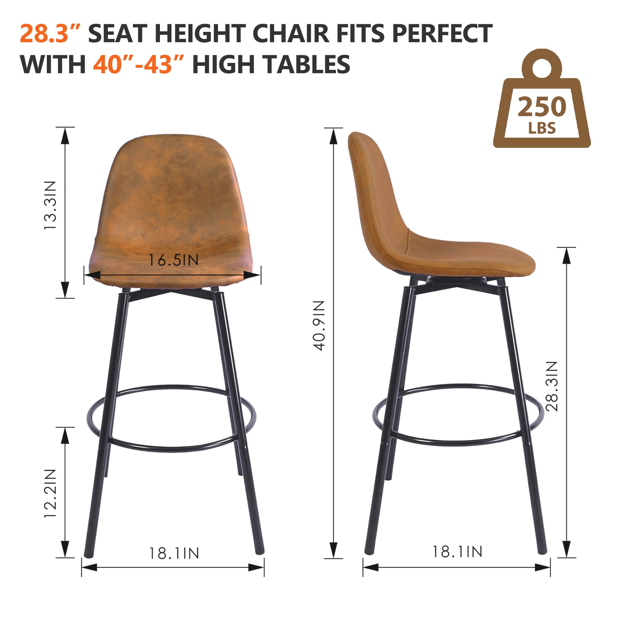 Homy Casa Set of 2 Bar Stools, Faux Leather Upholstered Seat with Black Metal Frame, Brown