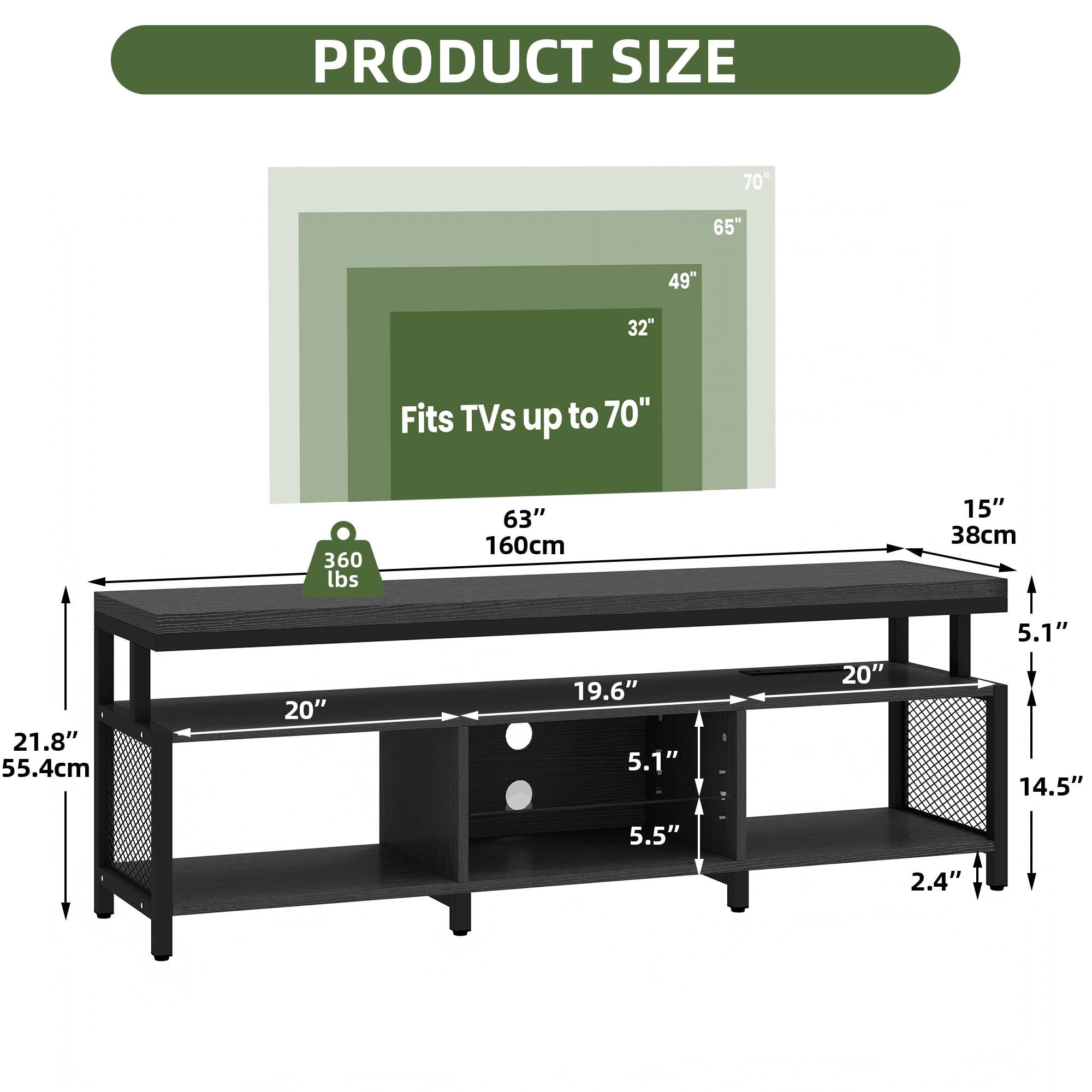 Uforic Industrial LED TV Stands for 55/60/65/70 inch w/Power Outlets, Entertainment Center TV Cabinet for Living Room, Black