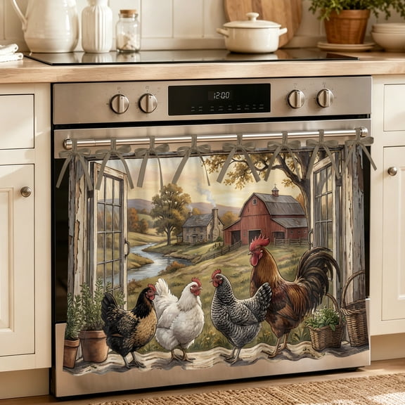 Oven Skirt Curtain for Kitchen 21.5x30 Inch, Vintage Rooster Oven Curtain with 8 Ribbon Ties & Ruffle Trim, Stove Skirt Curtain Dishwasher for Cabinets Over Sinks Barn Farmhouse Art Tree