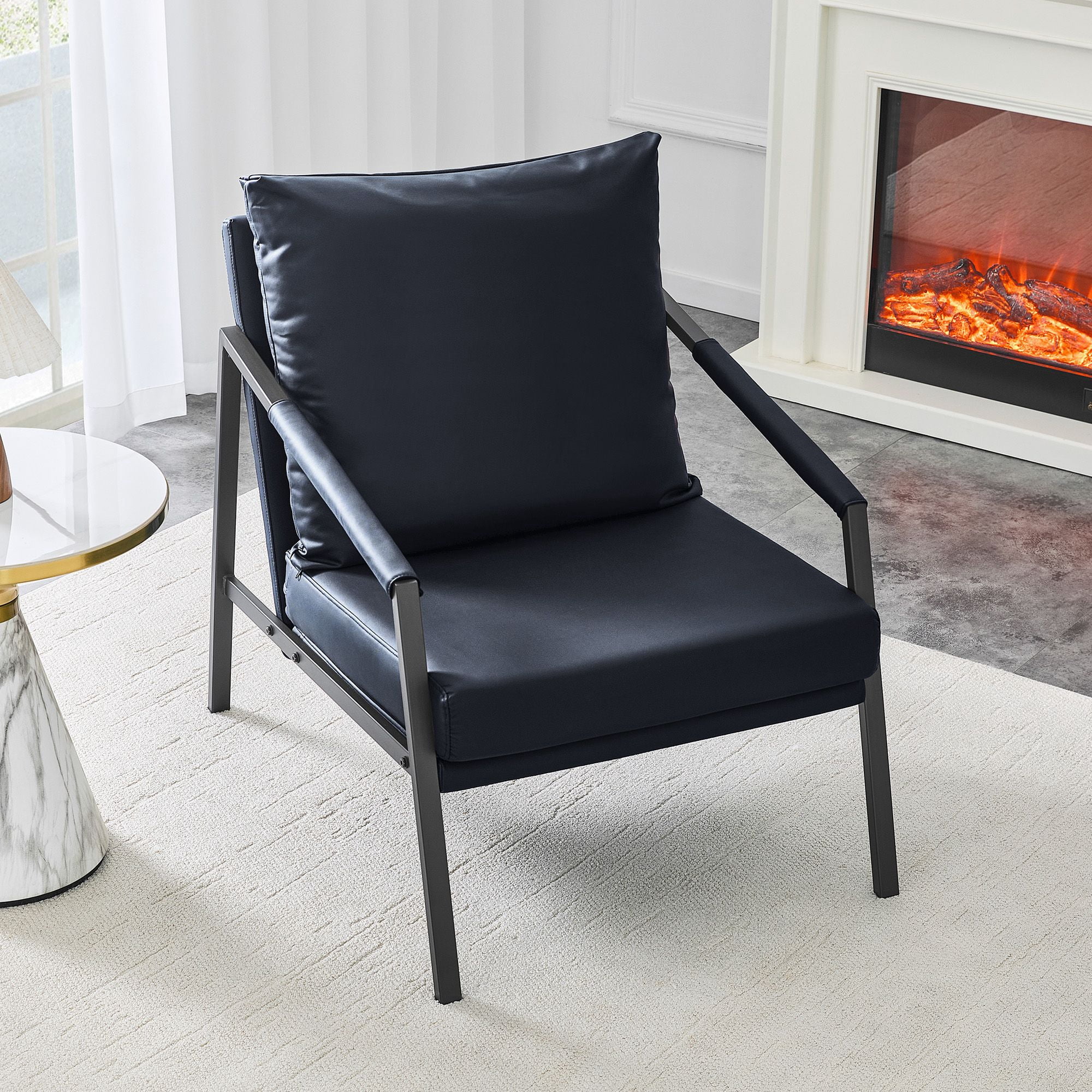 Alvantor Black Faux Leather Accent Chair with Black Metal Frame and Armrests
