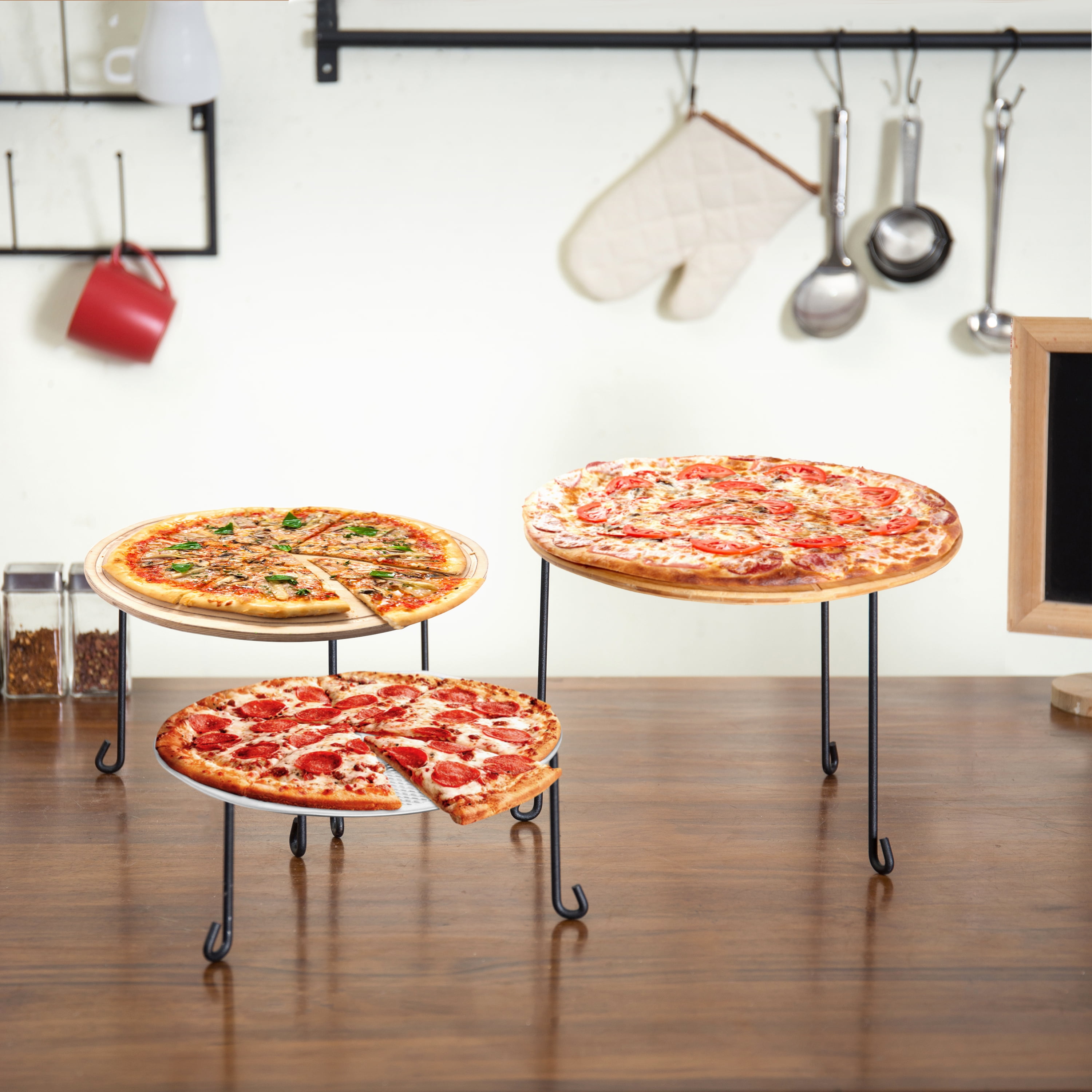 Black Metal Pizza Pan Riser Stands, Tabletop Food Platter Display