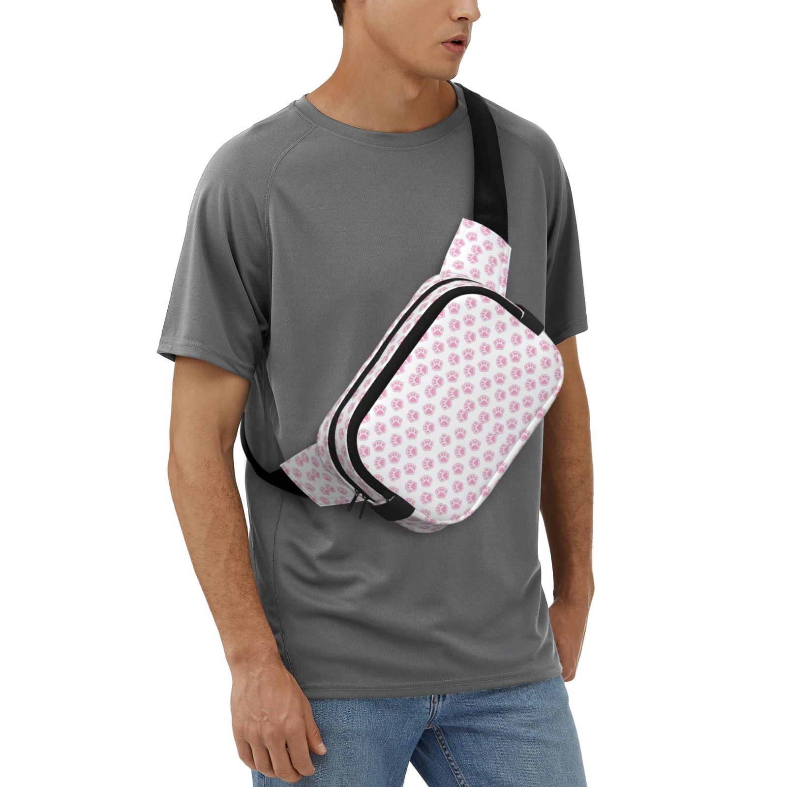 Picia Pink Paw Print Square Double-Layer Waist Bag Mini Adjustable Waist Belt Bag Exercise Running Travel Hiking