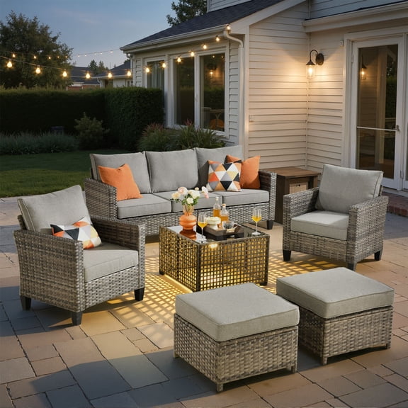 ODELIO 6 Pieces All-Weather Rattan Wicker Patio Furniture Set, Outdoor Sectional Sofa with Ottomans, Outdoor Conversation Set for Porch, Patio & Backyard