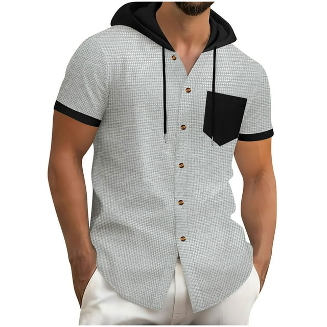 Short Sleeve Hooded Cardigan for Men, Loose Fit Color Block Pocket Design with Waffle Texture, Casual Summer Wear