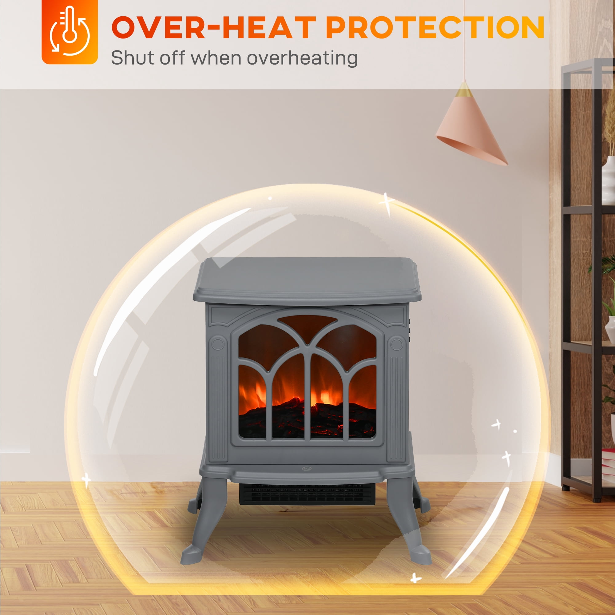 14.75" Freestanding Electric Fireplace, Gray 750W/1500W 161-215 sq.ft, Tempered Glass Overheat Protection Independent Flame Effect