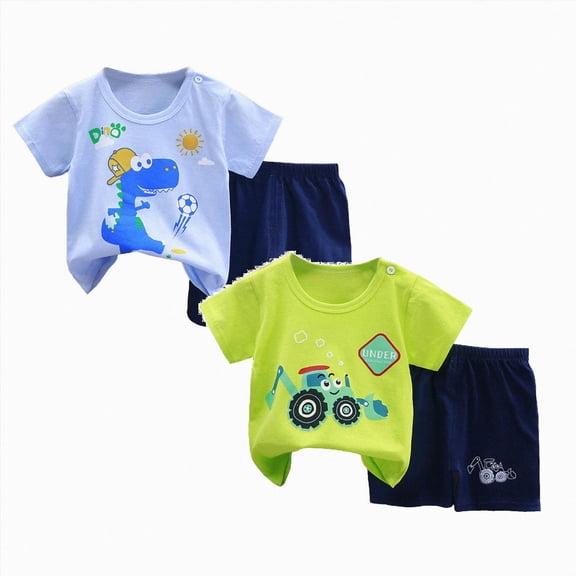 CAICJ98 Boy Toddler Baby Summer Clothes 3 6 12 18 24 Months 2T 3T 4T 5T Boys Outfits 4-piece Short Sleeve Shirt with Elastic Waist Shorts Dinosaur Dailywear Set,Size 2-3 Years