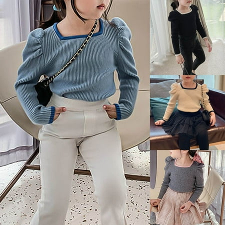 

MyBeauty Girls Rib Long Puff Sleeve Irregular Neck Color Block Spring Autumn Basic Blouse Apricot 100 cm