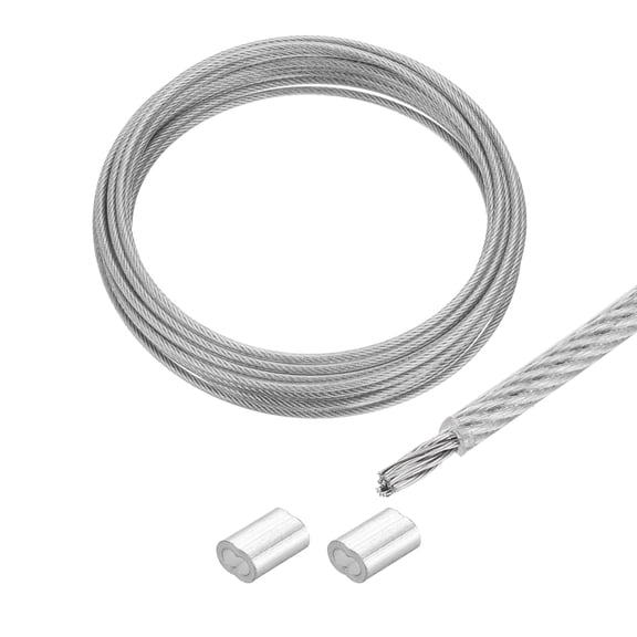 Uxcell 16Ft Wire Rope 304 Stainless Steel Cable 3/32" Vinyl Coated with 2Pcs Aluminum Sleeves Transparent