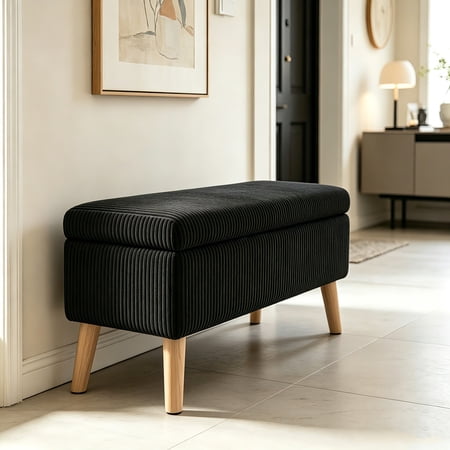 AUU 32 Corduroy Storage Ottoman Bench with Wooden Legs & Flip-Top Lid – Upholstered End-of-Bed Footrest Shoe Bench for Bedroom Living Room or Entryway