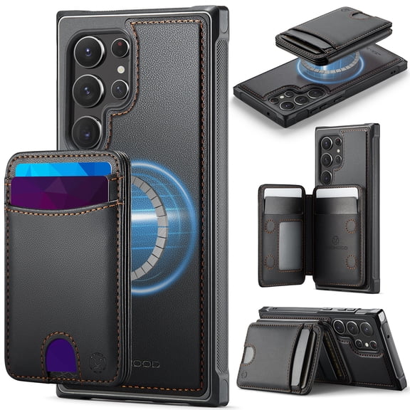 For Samsung Galaxy S24 Ultra Phone Case,Compatible WIth Mag-Safe,2-in-1 Magnetic Removable Card Holder,Kickstand,Anti-Scratch PU Leather Back Shockproof Anti-fall Durable Non-slip Phone Case,Black