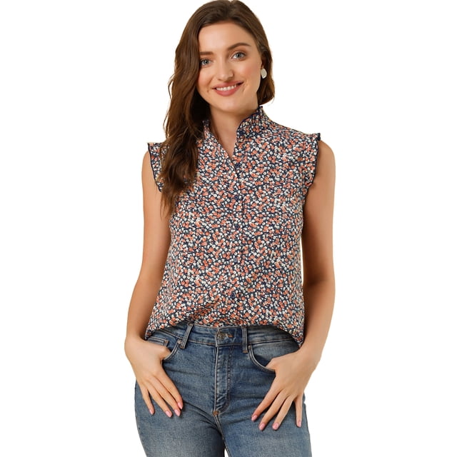 INSPIRE CHIC Top floral con botones y escote con volantes sin mangas para mujer Floral Azul Oscuro Rojo XS