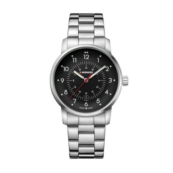 Wenger Avenue Water Resistant Watch with Large Black Dial and Stainless Steel Bracelet