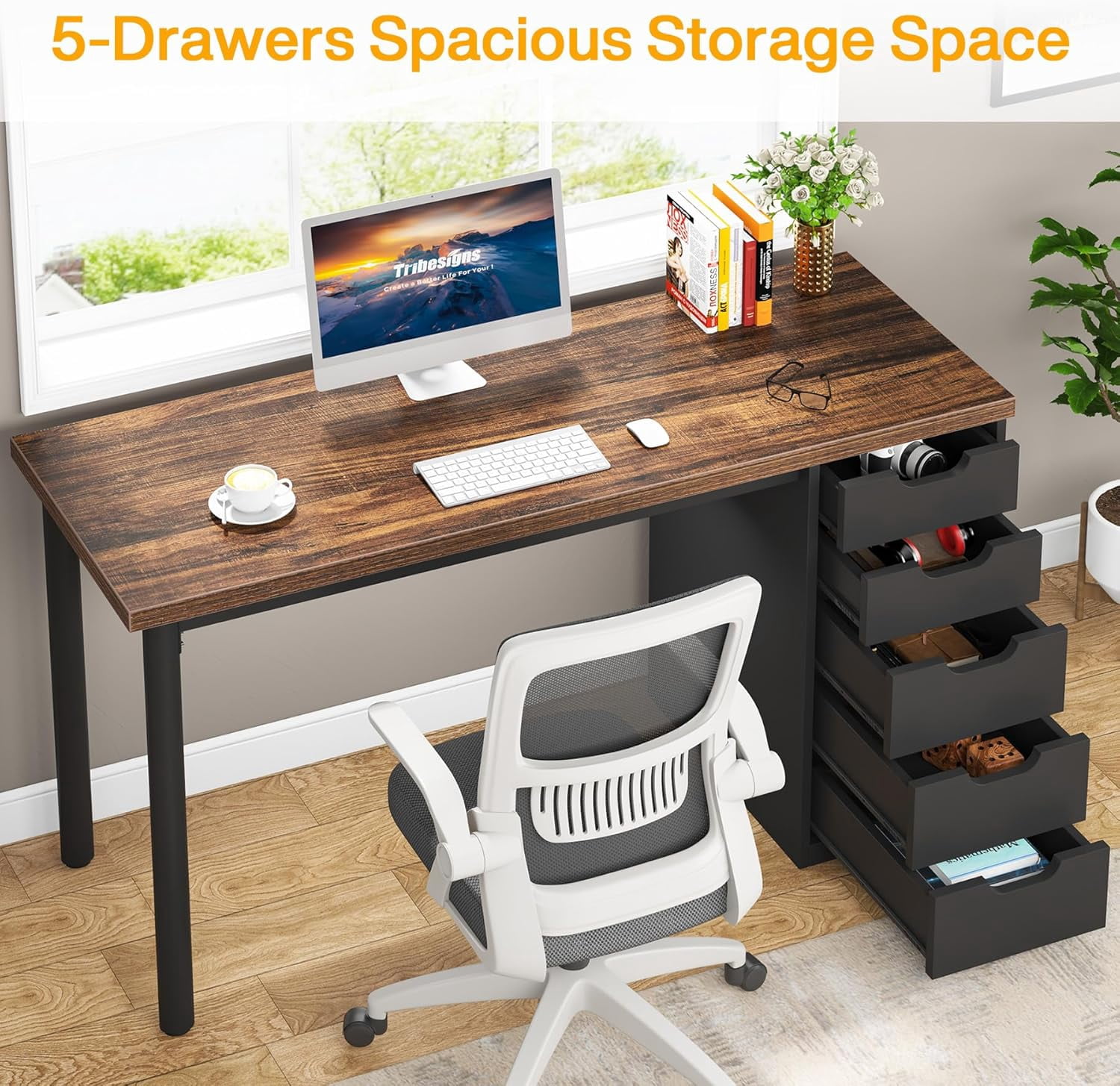 Tribesigns Computer Desk with 5 Drawers, 47 inches Rustic Brown Home Office Desk with Storage, Modern Study Writing Table Workstation for Small Spaces, Brown & Black