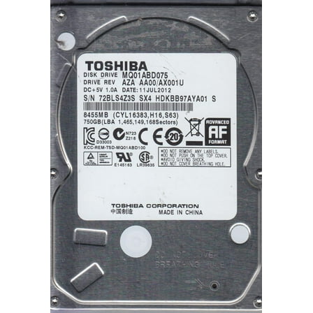 MQ01ABD075, AA00/AX001U, HDKBB97AYA01 S, Toshiba 750GB SATA 2.5 Hard Drive