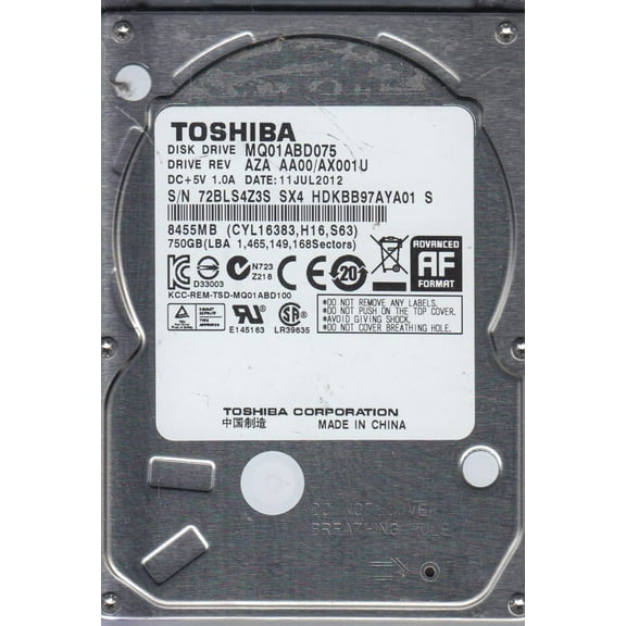 MQ01ABD075, AA00/AX001U, HDKBB97AYA01 S, Toshiba 750GB SATA 2.5 Hard Drive