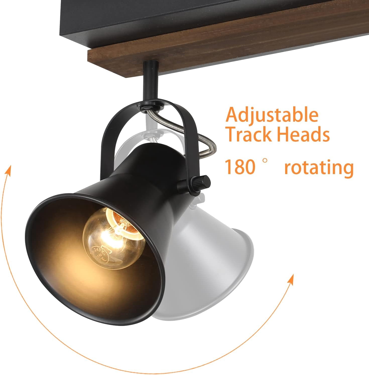 KEESFU 3-Light Industrial Track Lighting Fixture, Black Round Head Ceiling Spot Light with Wood Accent, Adjustable Wall Light for Kitchen Living Room
