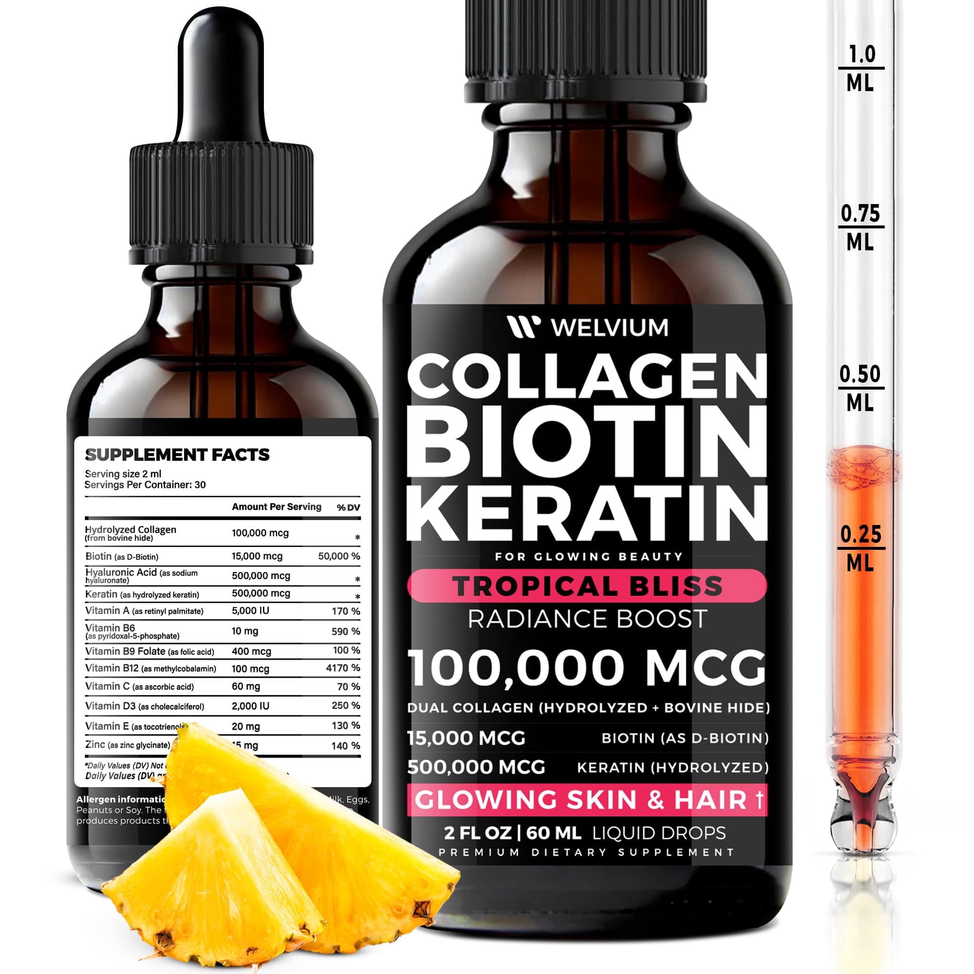 WELVIUM Liquid Biotin and Collagen Peptide Complex with Keratin, Hyaluronic Acid, MCT Oil, Zinc, Vitamins B6, B7, B12, A, C, D3, E - Hair, Skin, and Stronger Nails Supplement for Women and Men