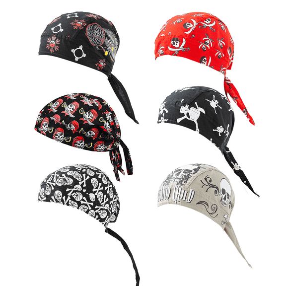 6 Pack Skull Bandana Hats for Men & Women - Breathable Cotton Doo Rags with Patriotic Eagle, Pirate, Feather Designs for Cycling, Motorcycle, Outdoor Activities