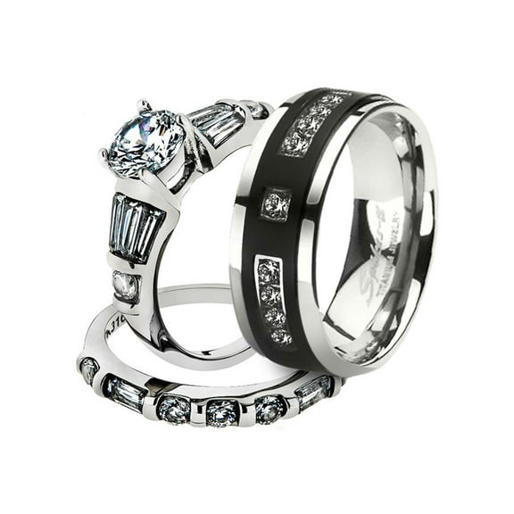 His and Her Stainless Steel 2.50 Ct Cz Bridal Set and Men's Titanium Wedding Band Women's Size 10 Men's Size 08
