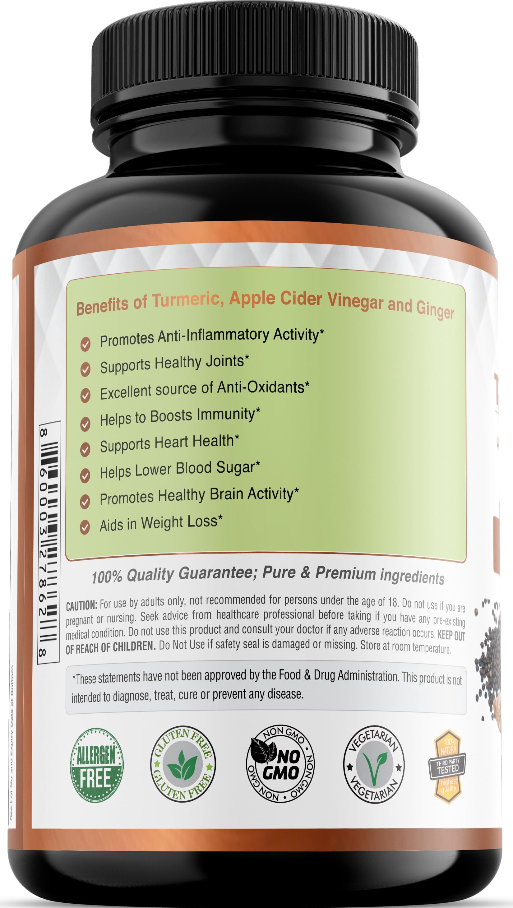 120 Capsules of USDA Organic Turmeric Root Powder, USDA Organic Ginger Powder and Apple Cider Vinegar Powder with Curcumin (95% Curcuminoids) and Bioperine, 1410 mg per Serving in Veggie Capsules
