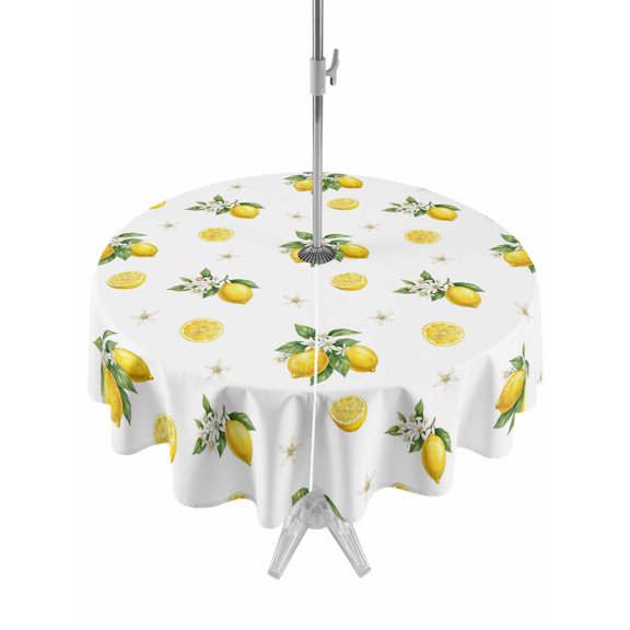 Outdoor Tablecloth with Umbrella Hole for Patio/Picnic/Party/Camping, Cute Lemon Summer Waterproof Table Cloth Round Cover Washable, Farmhouse Floral Botanical Leaves (Dia 54")