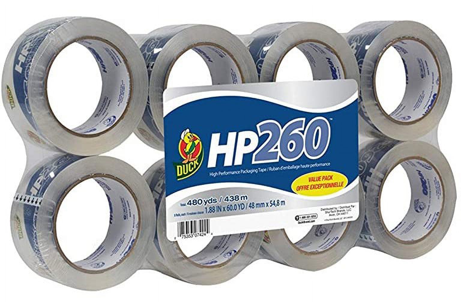 Duck HP260 Packing Tape Refill, 1.88 inch x 60 Yards, Clear Acrylic, Case of Six 8-Roll Value Packs - 48 Rolls (1067839)