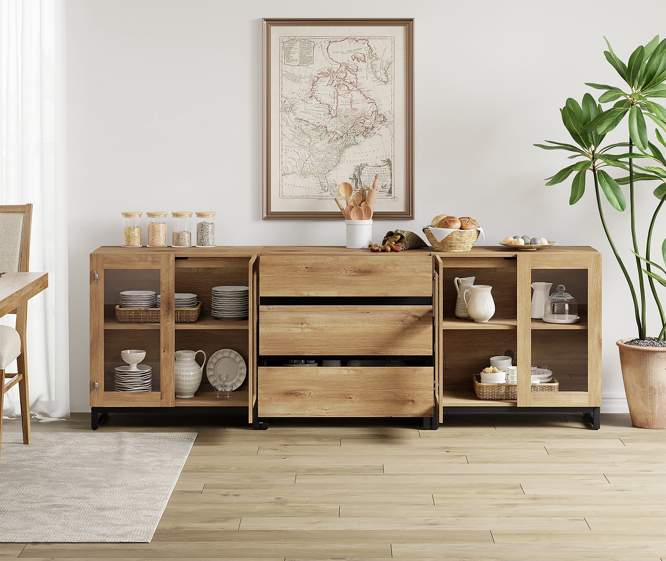 3 In 1 Modern Sideboard With Glass Doors And 3 Drawers,Storage Cabinet With Adjustable Shelves for Living Room, Kitchen,Oak