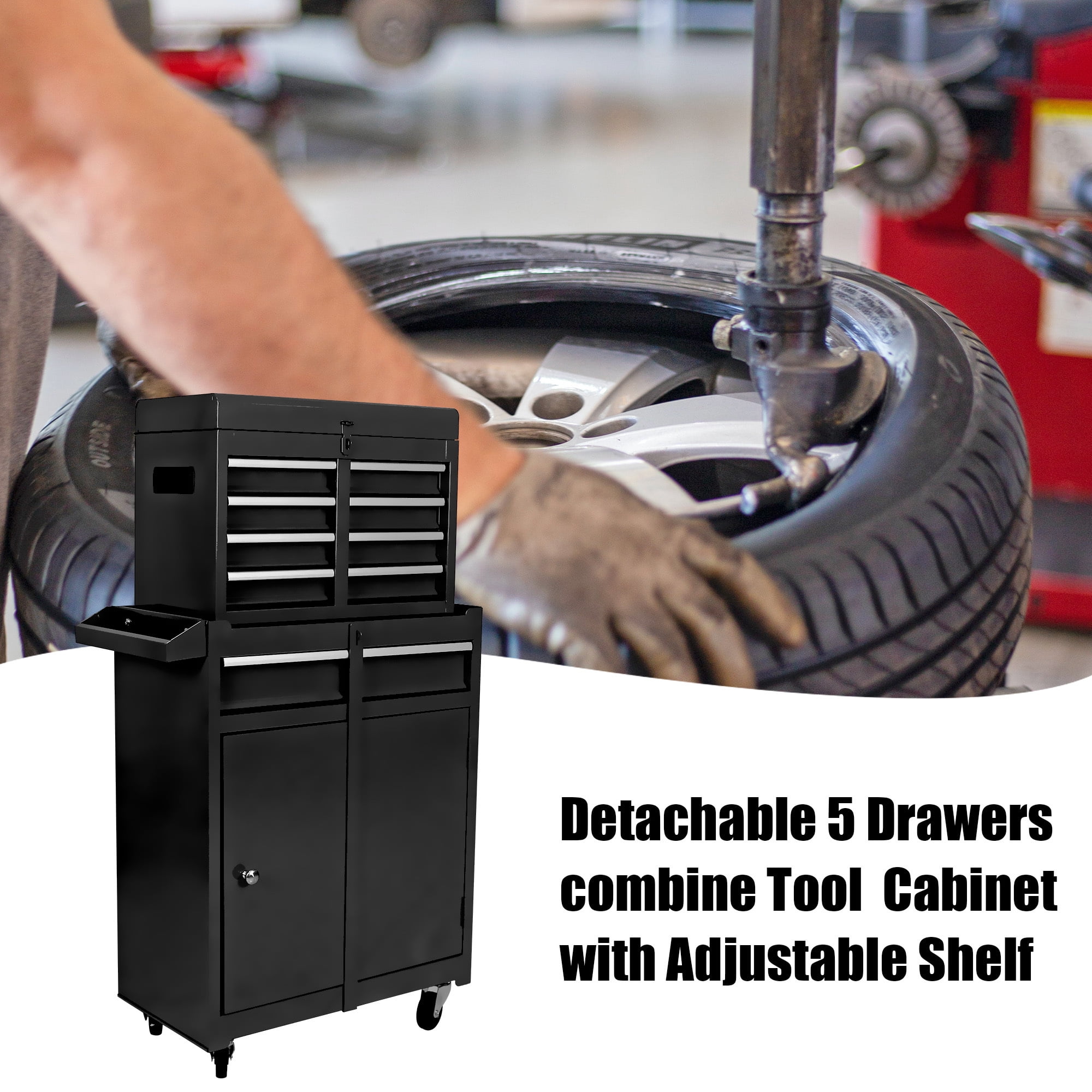 Rolling Tool Chest, 5-Drawer Tool Box Organizer Sliding Drawers Detachable Top & Adjustable Shelf