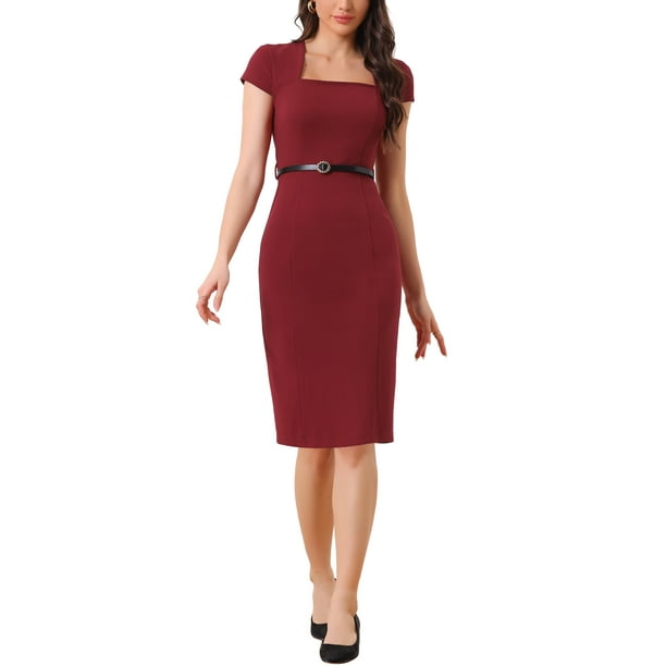 Vestido midi de trabajo con cinturón y mangas de capucha de cuello cuadrado de INSPIRE CHIC para mujer L Rojo Vino