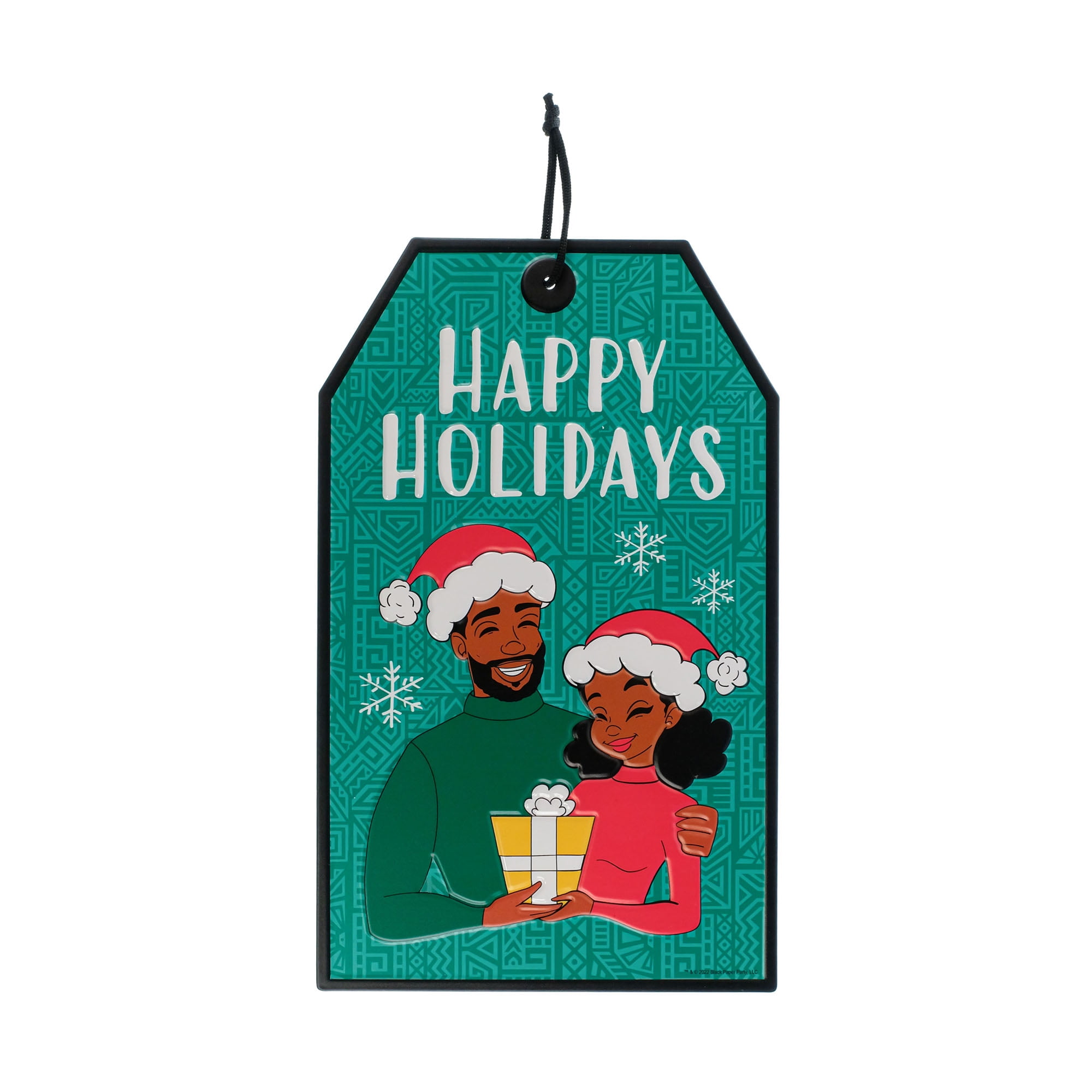 Black Paper Party, Noel and Stacy, " Happy Holidays", Metal Hanging Sign, 13.75 inches Tall, Metal, Multi-Color, Green
