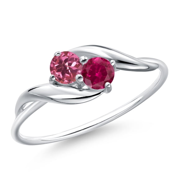 Gem Stone King 10K White Gold Round Pink Tourmaline and Red Created Ruby Ring for Women (0.40 Cttw, Round 3.5MM, Gemstone October Birthstone, Size 8)