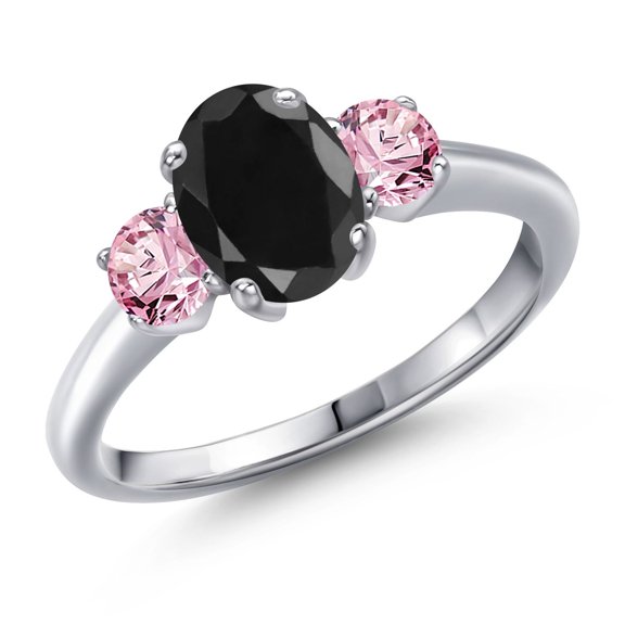Gem Stone King 2.16 Ct Oval Black Sapphire Pink Lab Grown Diamond 925 Sterling Silver Ring