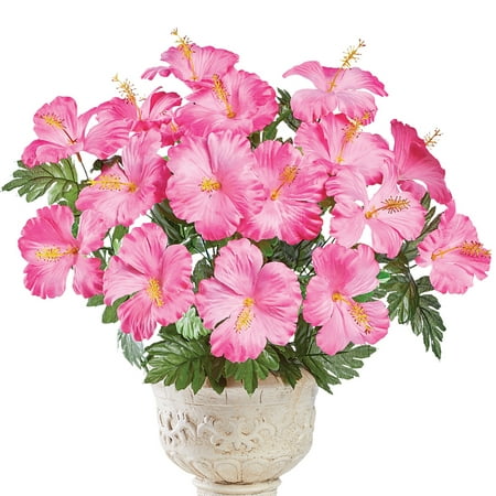 Bright Tropical Faux Hibiscus Bushes - Set of 3, Outdoor or Indoor Decorative Accent, Pink