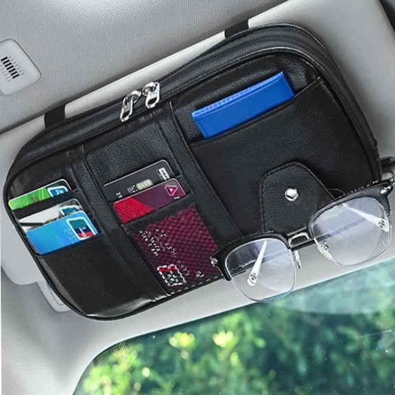 Kabuer Car Sun Visor Organizer, Multi-Pocket Storage Pouch with Double Zippers, Glasses Clip for Cars, SUVs & Trucks, Black