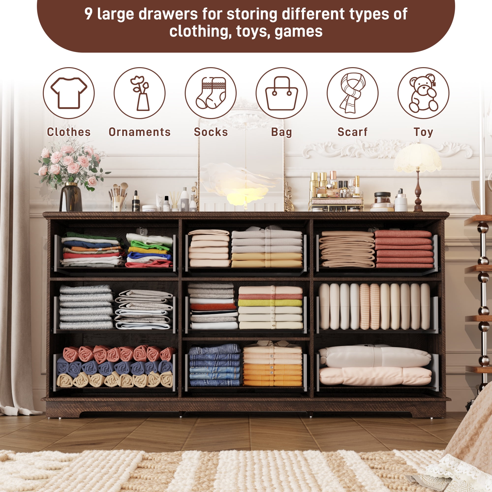 ChVans Farmhouse 9 Drawers Dresser with Power Outlets, 63'' Wide Wood Chest of Drawers w/Fluted Texture, Deep Drawer Dresser Storage Organizer for Bedroom, Living Room, Entryway, Hallway, Brown