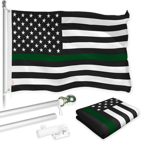 G128 Combo Pack: Flag Pole 6 FT Silver Tangle Free & Thin Green Line Flag 3x5 FT Brass Grommets Printed Polyester (Flag Included) Aluminum Flag Pole