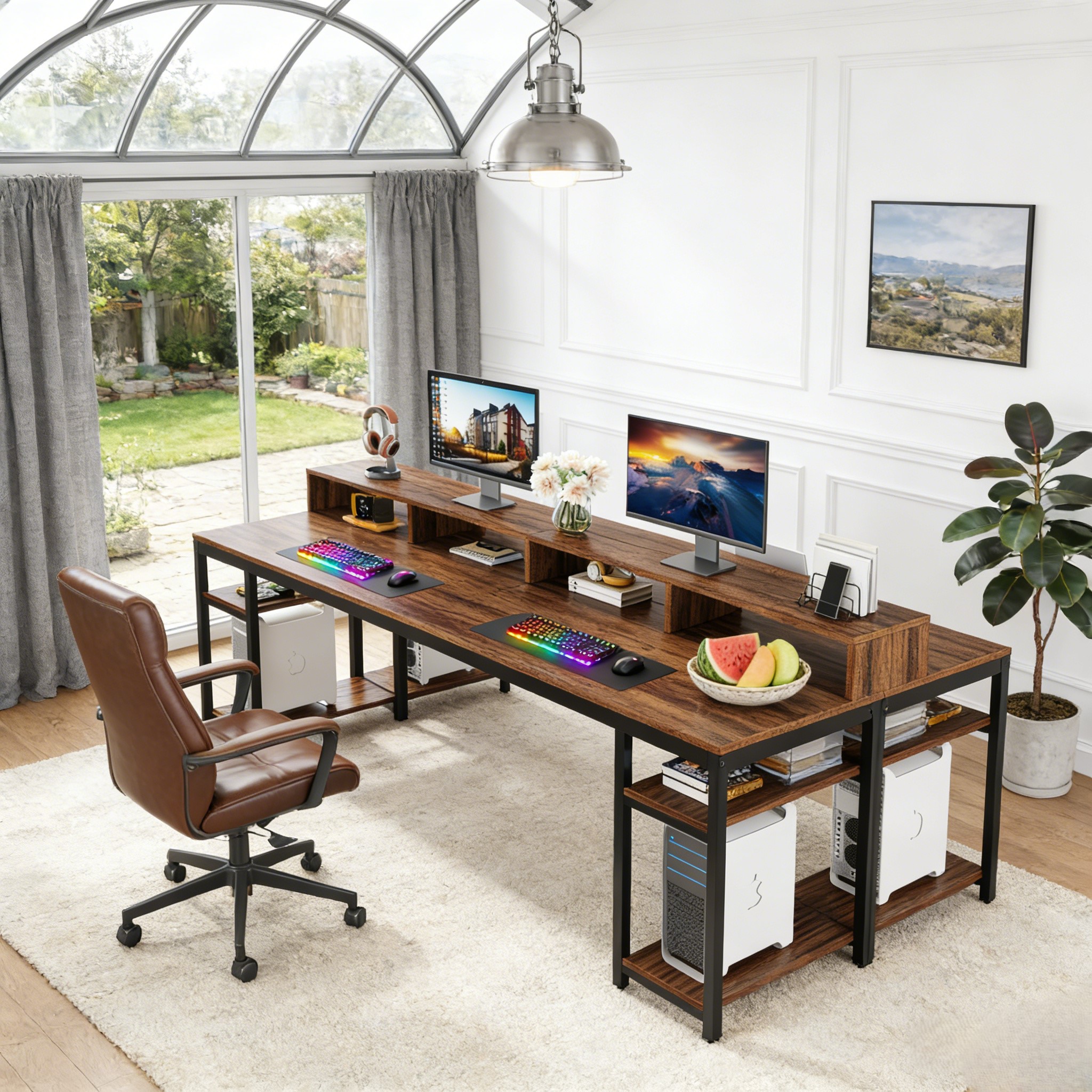 Fnova 78.74" Long Computer Desk with Monitor Stand and Storage Shelves, Industrial Home Office Writing Desk for 2, Brown