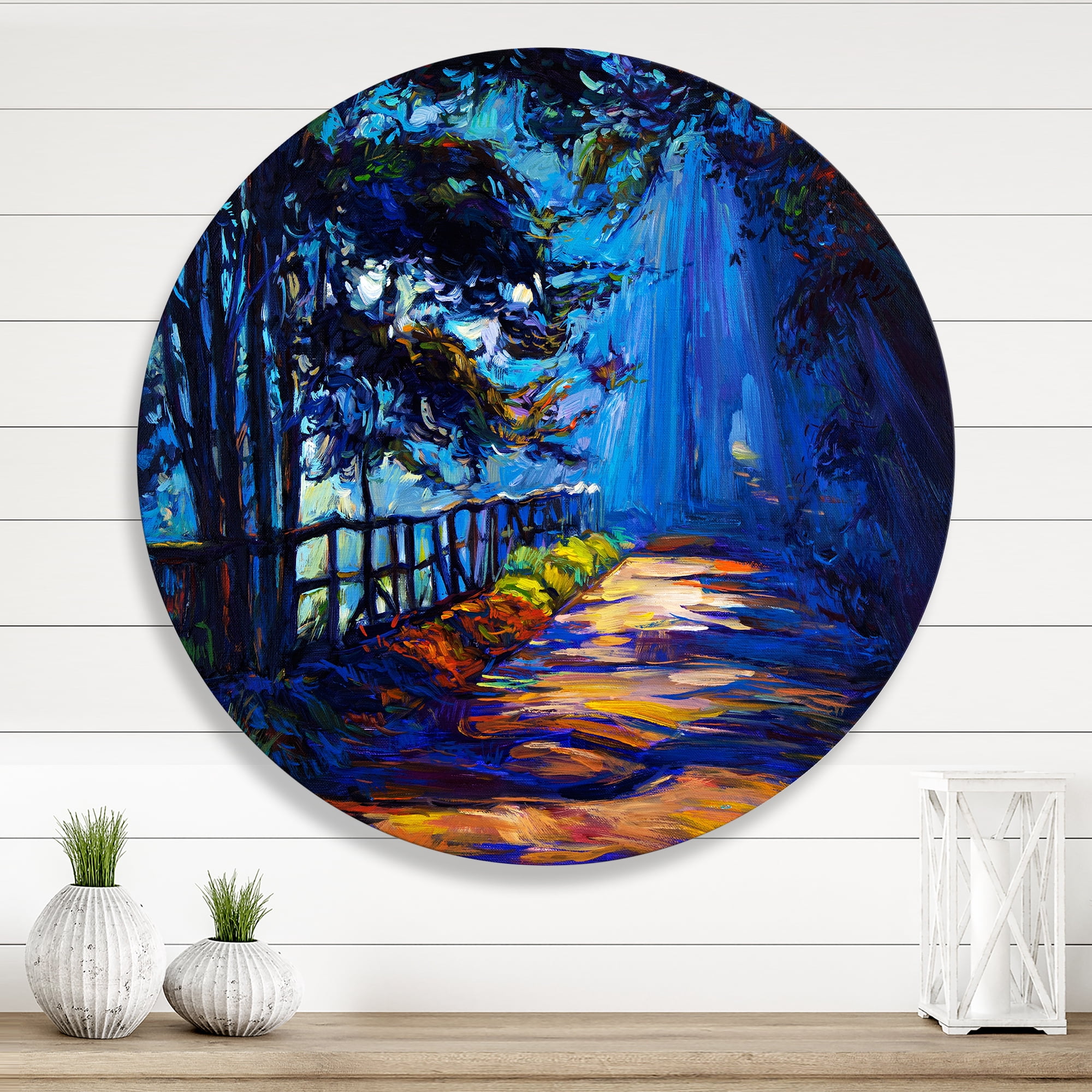 Designart 'Park Road In The Afternoon Shadows' Lake House Circle Metal Wall Art 23x23 - Disc of 23