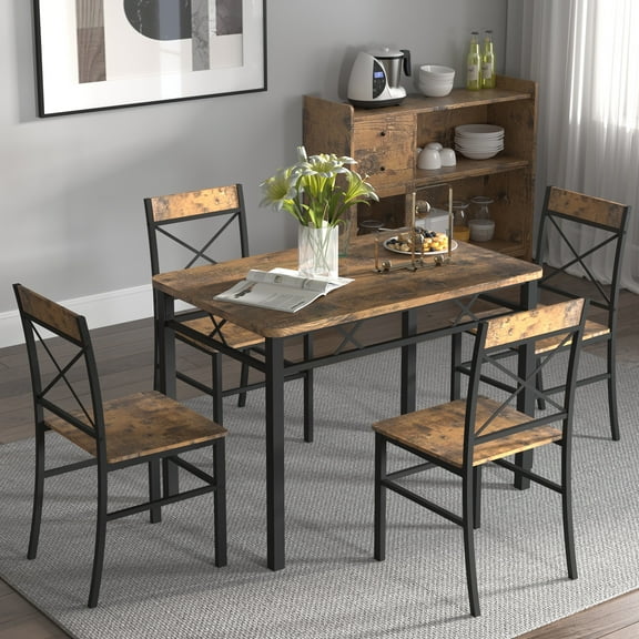 PAPROOS Dining Table Set, 5 Piece Dining Set, 43" Rectangle Kitchen Table and 4 Chairs, Modern Industrial Dining Table for Breakfast Nook, Kitchen Dining Room, Rustic Brown