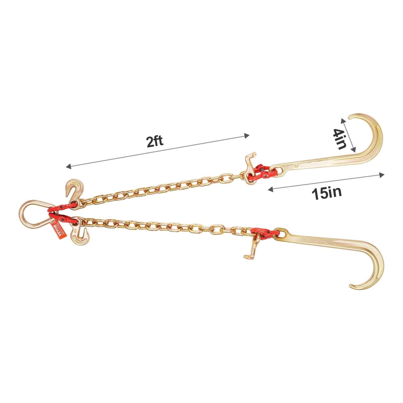 VEVOR G80 V Bridle Chain,3/8" x 2' Towing Chain Bridle with 15" J Hooks, T Hooks & Grab Hooks, Heavy Duty Transport Tow Chain Bridle with 7800 lbs Safe Working Load for Flatbed Truck Wrecker Recovery