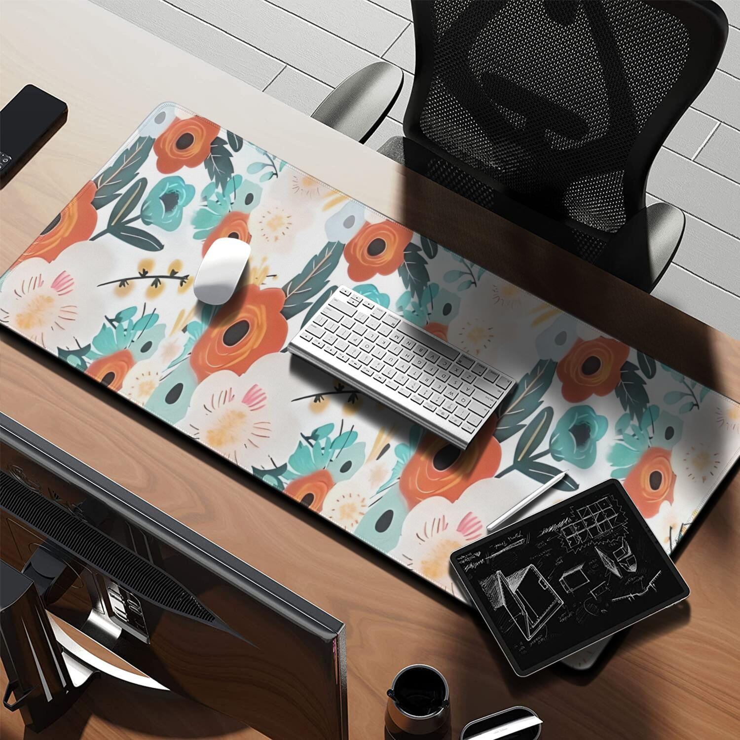 Long Mouse Pads for Desk,Pioneer Flower Floral Print Pattern Desk Mats on Top Of Desks, Desk Mouse Pad Extra Large with 3mm Non-Slip Base and Stitched Edge for Gaming,Office,Work,Home 35.4"x15.7"
