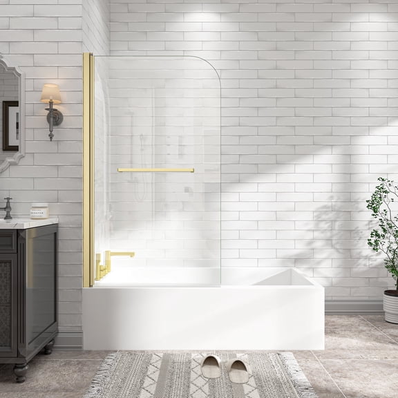 KPUY 31" - 32" x 55" Frameless Bath Tub Shower Screen, 180 Pivot Shower Panel Door with 1/4" Tempered Glass, Brushed Gold